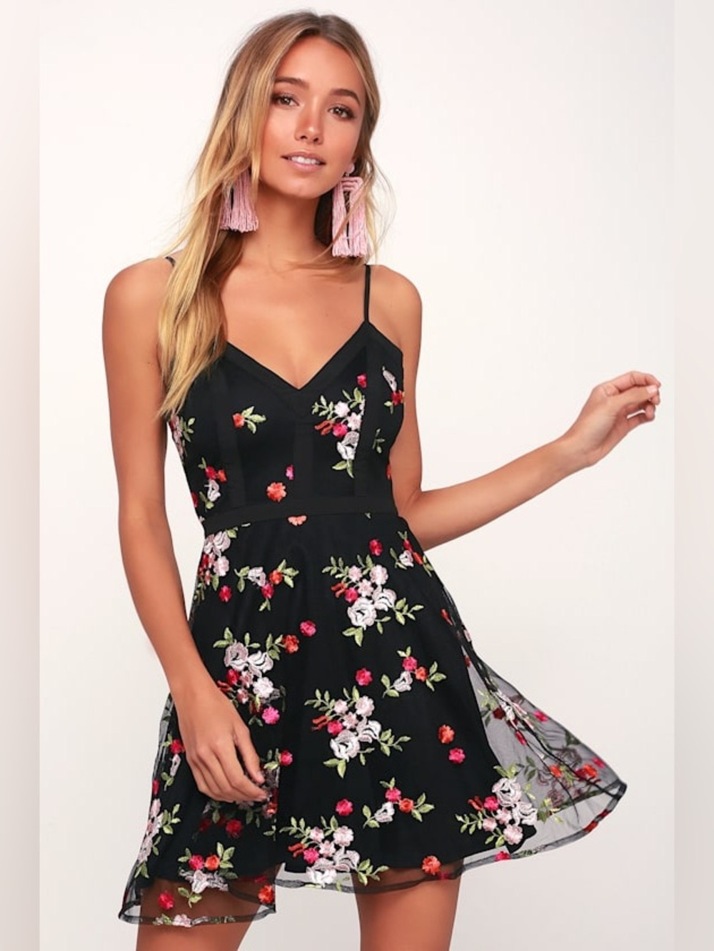 Lulu's Favorite Fleur Black Floral Mesh Embroidered Skater Dress | Size M